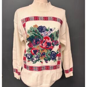 women's SM vintage floral intarsia mock neck sweater plaid off white pink purple
